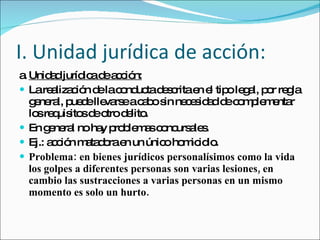 I. Unidad jurídica de acción:  a. Unidad jurídica de acción: La realización de la conducta descrita en el tipo legal, por regla general, puede llevarse a cabo sin necesidad de complementar los requisitos de otro delito.  En general no hay problemas concursales.  Ej.: acción matadora en un único homicidio. Problema: en bienes jurídicos personalísimos como la vida los golpes a diferentes personas son varias lesiones, en cambio las sustracciones a varias personas en un mismo momento es solo un hurto.  