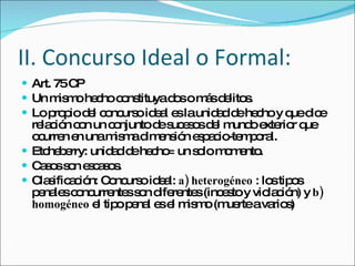 II. Concurso Ideal o Formal: Art. 75 CP Un mismo hecho constituya dos o más delitos.  Lo propio del concurso ideal es la unidad de hecho y que dice relación con un conjunto de sucesos del mundo exterior que ocurren en una misma dimensión espacio-temporal. Etcheberry: unidad de hecho= un solo momento.  Casos son escasos. Clasificación: Concurso ideal:  a) heterogéneo  : los tipos penales concurrentes son diferentes (incesto y violación) y  b) homogéneo  el tipo penal es el mismo (muerte a varios) 