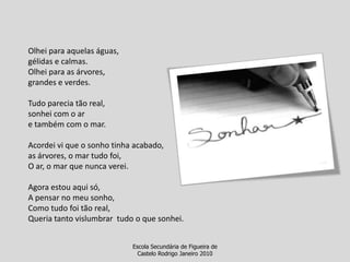 Olhei para aquelas águas,gélidas e calmas.Olhei para as árvores,grandes e verdes. Tudo parecia tão real, sonhei com o ar e também com o mar. Acordei vi que o sonho tinha acabado,as árvores, o mar tudo foi,O ar, o mar que nunca verei. Agora estou aqui só,A pensar no meu sonho,Como tudo foi tão real,Queria tanto vislumbrar  tudo o que sonhei.Escola Secundária de Figueira de Castelo Rodrigo Janeiro 2010