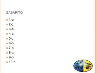 GABARITO

 1-a
 2-c

 3-a

 4-c

 5-c

 6-b

 7-b

 8-a

 9-b

 10-b
 