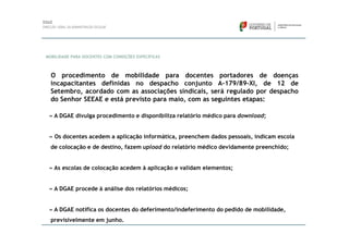 MOBILIDADE PARA DOCENTES COM CONDIÇÕES ESPECÍFICAS



  O procedimento de mobilidade para docentes portadores de doenças
  incapacitantes definidas no despacho conjunto A-179/89-XI, de 12 de
  Setembro, acordado com as associações sindicais, será regulado por despacho
  do Senhor SEEAE e está previsto para maio, com as seguintes etapas:

 » A DGAE divulga procedimento e disponibiliza relatório médico para download;


 » Os docentes acedem a aplicação informática, preenchem dados pessoais, indicam escola
  de colocação e de destino, fazem upload do relatório médico devidamente preenchido;


 » As escolas de colocação acedem à aplicação e validam elementos;


 » A DGAE procede à análise dos relatórios médicos;


 » A DGAE notifica os docentes do deferimento/indeferimento do pedido de mobilidade,
  previsivelmente em junho.
 
