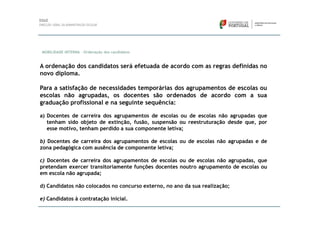 MOBILIDADE INTERNA – Ordenação dos candidatos


A ordenação dos candidatos será efetuada de acordo com as regras definidas no
novo diploma.

Para a satisfação de necessidades temporárias dos agrupamentos de escolas ou
escolas não agrupadas, os docentes são ordenados de acordo com a sua
graduação profissional e na seguinte sequência:

a) Docentes de carreira dos agrupamentos de escolas ou de escolas não agrupadas que
   tenham sido objeto de extinção, fusão, suspensão ou reestruturação desde que, por
   esse motivo, tenham perdido a sua componente letiva;

b) Docentes de carreira dos agrupamentos de escolas ou de escolas não agrupadas e de
zona pedagógica com ausência de componente letiva;

c) Docentes de carreira dos agrupamentos de escolas ou de escolas não agrupadas, que
pretendam exercer transitoriamente funções docentes noutro agrupamento de escolas ou
em escola não agrupada;

d) Candidatos não colocados no concurso externo, no ano da sua realização;

e) Candidatos à contratação inicial.
 