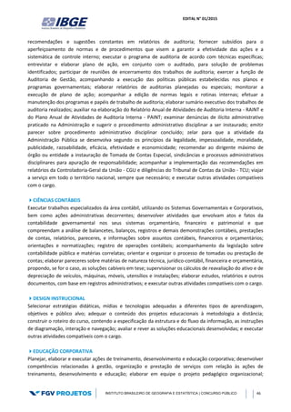 EDITAL N° 01/2015
INSTITUTO BRASILEIRO DE GEOGRAFIA E ESTATÍSTICA | CONCURSO PÚBLICO 46
recomendações e sugestões constantes em relatórios de auditoria; fornecer subsídios para o
aperfeiçoamento de normas e de procedimentos que visem a garantir a efetividade das ações e a
sistemática de controle interno; executar o programa de auditoria de acordo com técnicas específicas;
entrevistar e elaborar plano de ação, em conjunto com o auditado, para solução de problemas
identificados; participar de reuniões de encerramento dos trabalhos de auditoria; exercer a função de
Auditoria de Gestão, acompanhando a execução das políticas públicas estabelecidas nos planos e
programas governamentais; elaborar relatórios de auditorias planejadas ou especiais; monitorar a
execução de plano de ação; acompanhar a edição de normas legais e rotinas internas; efetuar a
manutenção dos programas e papéis de trabalho de auditoria; elaborar sumário executivo dos trabalhos de
auditoria realizados; auxiliar na elaboração do Relatório Anual de Atividades de Auditoria Interna - RAINT e
do Plano Anual de Atividades de Auditoria Interna - PAINT; examinar denúncias de ilícito administrativo
praticado na Administração e sugerir o procedimento administrativo disciplinar a ser instaurado; emitir
parecer sobre procedimento administrativo disciplinar concluído; zelar para que a atividade da
Administração Pública se desenvolva segundo os princípios da legalidade, impessoalidade, moralidade,
publicidade, razoabilidade, eficácia, efetividade e economicidade; recomendar ao dirigente máximo de
órgão ou entidade a instauração de Tomada de Contas Especial, sindicâncias e processos administrativos
disciplinares para apuração de responsabilidade; acompanhar a implementação das recomendações em
relatórios da Controladoria-Geral da União - CGU e diligências do Tribunal de Contas da União - TCU; viajar
a serviço em todo o território nacional, sempre que necessário; e executar outras atividades compatíveis
com o cargo.
CIÊNCIAS CONTÁBEIS
Executar trabalhos especializados da área contábil, utilizando os Sistemas Governamentais e Corporativos,
bem como ações administrativas decorrentes; desenvolver atividades que envolvam atos e fatos da
contabilidade governamental nos seus sistemas orçamentário, financeiro e patrimonial e que
compreendam a análise de balancetes, balanços, registros e demais demonstrações contábeis, prestações
de contas, relatórios, pareceres, e informações sobre assuntos contábeis, financeiros e orçamentários;
orientações e normatizações; registro de operações contábeis; acompanhamento da legislação sobre
contabilidade pública e matérias correlatas; orientar e organizar o processo de tomadas ou prestação de
contas; elaborar pareceres sobre matérias de natureza técnica, jurídico-contábil, financeira e orçamentária,
propondo, se for o caso, as soluções cabíveis em tese; supervisionar os cálculos de reavaliação do ativo e de
depreciação de veículos, máquinas, móveis, utensílios e instalações; elaborar estudos, relatórios e outros
documentos, com base em registros administrativos; e executar outras atividades compatíveis com o cargo.
DESIGN INSTRUCIONAL
Selecionar estratégias didáticas, mídias e tecnologias adequadas a diferentes tipos de aprendizagem,
objetivos e público alvo; adequar o conteúdo dos projetos educacionais à metodologia a distância;
construir o roteiro do curso, contendo a especificação da estrutura e do fluxo da informação, as instruções
de diagramação, interação e navegação; avaliar e rever as soluções educacionais desenvolvidas; e executar
outras atividades compatíveis com o cargo.
EDUCAÇÃO CORPORATIVA
Planejar, elaborar e executar ações de treinamento, desenvolvimento e educação corporativa; desenvolver
competências relacionadas à gestão, organização e prestação de serviços com relação às ações de
treinamento, desenvolvimento e educação; elaborar em equipe o projeto pedagógico organizacional;
 