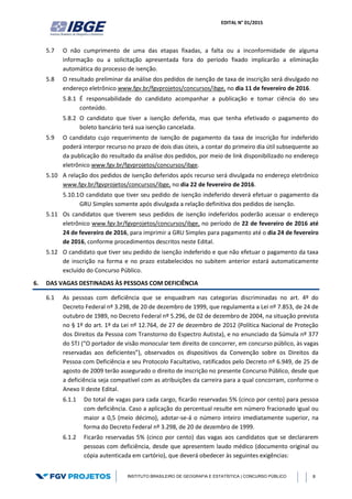 EDITAL N° 01/2015
INSTITUTO BRASILEIRO DE GEOGRAFIA E ESTATÍSTICA | CONCURSO PÚBLICO 8
5.7 O não cumprimento de uma das etapas fixadas, a falta ou a inconformidade de alguma
informação ou a solicitação apresentada fora do período fixado implicarão a eliminação
automática do processo de isenção.
5.8 O resultado preliminar da análise dos pedidos de isenção de taxa de inscrição será divulgado no
endereço eletrônico www.fgv.br/fgvprojetos/concursos/ibge, no dia 11 de fevereiro de 2016.
5.8.1 É responsabilidade do candidato acompanhar a publicação e tomar ciência do seu
conteúdo.
5.8.2 O candidato que tiver a isenção deferida, mas que tenha efetivado o pagamento do
boleto bancário terá sua isenção cancelada.
5.9 O candidato cujo requerimento de isenção de pagamento da taxa de inscrição for indeferido
poderá interpor recurso no prazo de dois dias úteis, a contar do primeiro dia útil subsequente ao
da publicação do resultado da análise dos pedidos, por meio de link disponibilizado no endereço
eletrônico www.fgv.br/fgvprojetos/concursos/ibge.
5.10 A relação dos pedidos de isenção deferidos após recurso será divulgada no endereço eletrônico
www.fgv.br/fgvprojetos/concursos/ibge, no dia 22 de fevereiro de 2016.
5.10.1O candidato que tiver seu pedido de isenção indeferido deverá efetuar o pagamento da
GRU Simples somente após divulgada a relação definitiva dos pedidos de isenção.
5.11 Os candidatos que tiverem seus pedidos de isenção indeferidos poderão acessar o endereço
eletrônico www.fgv.br/fgvprojetos/concursos/ibge, no período de 22 de fevereiro de 2016 até
24 de fevereiro de 2016, para imprimir a GRU Simples para pagamento até o dia 24 de fevereiro
de 2016, conforme procedimentos descritos neste Edital.
5.12 O candidato que tiver seu pedido de isenção indeferido e que não efetuar o pagamento da taxa
de inscrição na forma e no prazo estabelecidos no subitem anterior estará automaticamente
excluído do Concurso Público.
6. DAS VAGAS DESTINADAS ÀS PESSOAS COM DEFICIÊNCIA
6.1 As pessoas com deficiência que se enquadram nas categorias discriminadas no art. 4º do
Decreto Federal nº 3.298, de 20 de dezembro de 1999, que regulamenta a Lei nº 7.853, de 24 de
outubro de 1989, no Decreto Federal nº 5.296, de 02 de dezembro de 2004, na situação prevista
no § 1º do art. 1º da Lei nº 12.764, de 27 de dezembro de 2012 (Política Nacional de Proteção
dos Direitos da Pessoa com Transtorno do Espectro Autista), e no enunciado da Súmula nº 377
do STJ (“O portador de visão monocular tem direito de concorrer, em concurso público, às vagas
reservadas aos deficientes”), observados os dispositivos da Convenção sobre os Direitos da
Pessoa com Deficiência e seu Protocolo Facultativo, ratificados pelo Decreto nº 6.949, de 25 de
agosto de 2009 terão assegurado o direito de inscrição no presente Concurso Público, desde que
a deficiência seja compatível com as atribuições da carreira para a qual concorram, conforme o
Anexo II deste Edital.
6.1.1 Do total de vagas para cada cargo, ficarão reservadas 5% (cinco por cento) para pessoa
com deficiência. Caso a aplicação do percentual resulte em número fracionado igual ou
maior a 0,5 (meio décimo), adotar-se-á o número inteiro imediatamente superior, na
forma do Decreto Federal nº 3.298, de 20 de dezembro de 1999.
6.1.2 Ficarão reservadas 5% (cinco por cento) das vagas aos candidatos que se declararem
pessoas com deficiência, desde que apresentem laudo médico (documento original ou
cópia autenticada em cartório), que deverá obedecer às seguintes exigências:
 