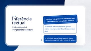 12
Inferência
textual
Está relacionada à
compreensão da leitura
Analisando em conjunto tudo que foi
escrito e compreendendo a ideia central do
texto
Significa interpretar os elementos que
estão explícitos e implícitos no texto
A inferência textual pode requerer algum
conhecimento prévio sobre o tema da leitura.
 