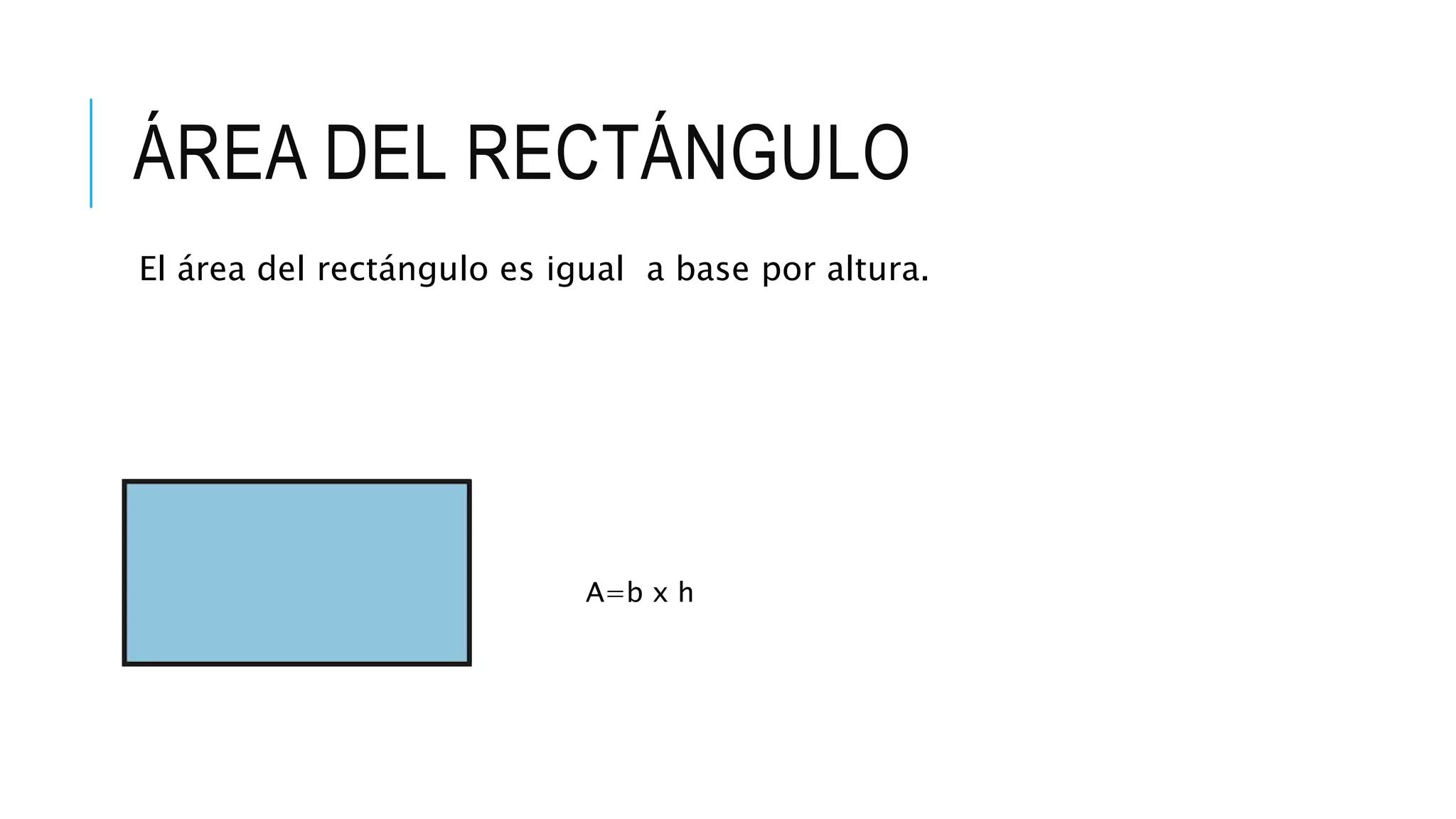 ÁREA DEL RECTÁNGULO
El área del rectángulo es igual a base por altura.
A=b x h