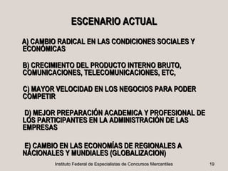 ESCENARIO ACTUAL
A) CAMBIO RADICAL EN LAS CONDICIONES SOCIALES Y
ECONÓMICAS

B) CRECIMIENTO DEL PRODUCTO INTERNO BRUTO,
COMUNICACIONES, TELECOMUNICACIONES, ETC,

C) MAYOR VELOCIDAD EN LOS NEGOCIOS PARA PODER
COMPETIR

 D) MEJOR PREPARACIÓN ACADEMICA Y PROFESIONAL DE
LOS PARTICIPANTES EN LA ADMINISTRACIÓN DE LAS
EMPRESAS

E) CAMBIO EN LAS ECONOMÍAS DE REGIONALES A
NACIONALES Y MUNDIALES (GLOBALIZACION)
        Instituto Federal de Especialistas de Concursos Mercantiles   19
 