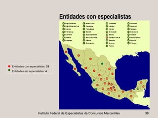 Entidades con especialistas




                                                                       5
Entidades con especialistas: 28
Entidades sin especialistas: 4


                                                             11



                                                                  10




                      Instituto Federal de Especialistas de Concursos Mercantiles   38
 