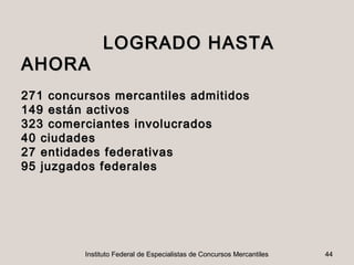 LOGRADO HASTA
AHORA
271 concursos mercantiles admitidos
149 están activos
323 comerciantes involucrados
40 ciudades
27 entidades federativas
95 juzgados federales




         Instituto Federal de Especialistas de Concursos Mercantiles   44
 