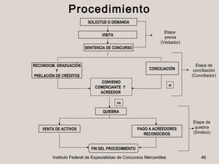 Procedimiento
                          SOLICITUD O DEMANDA

                                                                  Etapa
                                 VISITA
                                                                  previa
                                                                (Visitador)
                        SENTENCIA DE CONCURSO



RECONOCIM. GRADUACIÓN                                                           Etapa de
          Y                                               CONCILIACIÓN         conciliación
PRELACIÓN DE CRÉDITOS                                                         (Conciliador)
                                 CONVENIO
                                                                      sí
                              COMERCIANTE Y
                                ACREEDOR

                                          no

                                  QUIEBRA

                                                                              Etapa de
    VENTA DE ACTIVOS                                PAGO A ACREEDORES          quiebra
                                                       RECONOCIDOS            (Síndico)


                            FIN DEL PROCEDIMIENTO

        Instituto Federal de Especialistas de Concursos Mercantiles                46
 