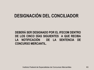DESIGNACIÓN DEL CONCILIADOR


DEBERÁ SER DESIGNADO POR EL IFECOM DENTRO
DE LOS CINCO DÍAS SIGUIENTES A QUE RECIBA
LA NOTIFICACIÓN     DE LA SENTENCIA DE
CONCURSO MERCANTIL.




    Instituto Federal de Especialistas de Concursos Mercantiles   63
 