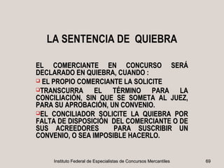 LA SENTENCIA DE QUIEBRA

EL COMERCIANTE EN CONCURSO SERÁ
DECLARADO EN QUIEBRA, CUANDO :
 EL PROPIO COMERCIANTE LA SOLICITE
TRANSCURRA      EL TÉRMINO PARA LA
CONCILIACIÓN, SIN QUE SE SOMETA AL JUEZ,
PARA SU APROBACIÓN, UN CONVENIO.
EL CONCILIADOR SOLICITE LA QUIEBRA POR
FALTA DE DISPOSICIÓN DEL COMERCIANTE O DE
SUS ACREEDORES        PARA SUSCRIBIR UN
CONVENIO, O SEA IMPOSIBLE HACERLO.


    Instituto Federal de Especialistas de Concursos Mercantiles   69
 