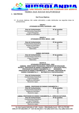 TERRA DAS ÁGUAS SULFUROSAS
3.3. DAS PROVASDAS PROVAS
Das Provas Objetivas
3.1. As provas objetivas, têm caráter eliminatório e estão distribuídas nas seguintes áreas de
conhecimentos
GRUPO I
ATIVIDADES DE NÍVEL SUPERIOR – ANS
Área de Conhecimentos Nº de questões
Conhecimentos Específicos 20
Língua Portuguesa 15
Noções de Informática 05
GRUPO II
ATIVIDADES DE NÍVEL MÉDIO – ANM
Área de Conhecimentos Nº de questões
Conhecimentos Específicos 15
Noções de Informática 05
Língua Portuguesa 10
Matemática 10
CARGO: DIGITADOR
Área de Conhecimentos Nº de questões
Conhecimentos Específicos 20
Língua Portuguesa 10
Matemática 10
GRUPO III
ATIVIDADES DE MAGISTÉRIO – MAG
CARGOS: ORIENTADOR PEDAGOGICO, PROFESSOR DE EDUCAÇÃO
INFANTIL, PROFESSOR DE ENSINO FUNDAMENTAL II – EDUCAÇÃO FÍSICA,
PROFESSOR DE ENSINO FUNDAMENTAL II – GEOGRAFIA,
PROFESSOR DE ENSINO FUNDAMENTAL II – HISTORIA, PROFESSOR DE
ENSINO FUNDAMENTAL II – MATEMÁTICA E PSICOPEDAGOGO
Área de Conhecimentos Nº de questões
Conhecimentos Específicos 15
Língua Portuguesa 10
Noções de Informática 05
Raciocínio Lógico 10
CARGO: PROFESSOR DE ENSINO FUNDAMENTAL I
Área de Conhecimentos Nº de questões
Conhecimentos Específicos 35
Noções de informática 05
Raciocínio Lógico 10
CARGO: PROFESSOR DE ENSINO FUNDAMENTAL II – CIÊNCIAS NATURAIS
Área de Conhecimentos Nº de questões
Conhecimentos Específicos 20
Língua Portuguesa 10
Noções de Informática 05
Raciocínio Lógico 05
Av. Luiz Camelo Sobrinho nº 640 – Centro – Hidrolândia Ceará - CEP: 62.270-000
CNPJ: 07.707.680/0001-27 - CGF: 06.920.203-6 Tel: (88) 3638 1166 / Fax: (88) 3638.1190
3
 