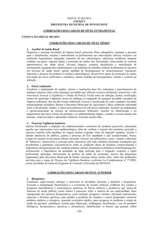 - 18 -
EDITAL Nº 002/2014
ANEXO V
PREFEITURA MUNICIPAL DE PENTECOSTE
ATRIBUIÇÕES DOS CARGOS DE NÍVEL FUNDAMENTAL
CONSTA NO EDITAL 001/2014
ATRIBUIÇÕES DOS CARGOS DE NÍVEL MÉDIO
1. Auxiliar de Saúde Bucal
Organizar e executar atividades de higiene bucal; processar filme radiográfico; preparar o paciente
para o atendimento; auxiliar e instrumentar os profissionais nas intervenções clínicas, inclusive em
ambientes hospitalares; manipular materiais de uso odontológico; selecionar moldeiras; preparar
modelos em gesso; registrar dados e participar de análise das informações relacionadas ao controle
administrativo em saúde bucal; executar limpeza, assepsia, desinfecção e esterilização de
instrumental, equipamentos odontológicos e do ambiente de trabalho; realizar acolhimento do paciente
em serviços de saúde bucal; aplicar medidas de biossegurança no armazenamento, transporte,
manuseio e descarte de produtos e resíduos odontológicos; desenvolver ações de promoção da saúde,
prevenção de riscos ambientais e sanitários; adotar medidas de biossegurança visando o controle de
infecção.
2. Fiscal Ambiental
Fiscalizar a implantação de regiões, setores e instalações para fins industriais e parcelamentos de
qualquer natureza, bem como quaisquer atividades que utilizem recursos ambientais renováveis e não
renováveis; Exercer a Vigilância e o Poder de Polícia; Emitir autos de infração, multas, notificação,
termos de apreensão e depósito, termo de embargo ou suspensão de qualquer atividade causadora de
impacto ambiental, sem devida licença ambiental; Exercer a fiscalização de toda e qualquer atividade
potencialmente poluidora; Manter a Secretaria Municipal da Agricultura e Meio Ambiente informada
sobre a fiscalização, multas, e outros procedimentos de relevância ambiental; Auxiliar na implantação
e operacionalização do sistema de monitoramento ambiental; Auxiliar na identificação e no
mapeamento das áreas críticas de poluição e as ambientalmente frágeis, visando o correto manejo das
mesmas. Arquivar dados e apresentar relatórios. Executar tarefas afins.
3. Fiscal da Vigilância Sanitária
realizar fiscalização e inspeção em estabelecimentos comerciais de produtos perecíveis, detectando
aqueles que representam risco epidemiológico, além de verificar o registro dos produtos; proceder o
rigoroso controle sobre produtos de origem animal, exigindo vistos de inspeção sanitária; receber e
atender denúncias do público, quanto a presença do lixo espalhado e mal acondicionado, fossas,
criação de animais no perímetro urbano; proceder vistorias em edificações e casas, visando a liberação
de "habite-se"; desenvolver e executar ações educativas sob visão sanitária, prestando orientações que
possibilitem a população conscientizar-se sobre as condições ideais de produtos comercializados e
importância da higienização dos estabelecimentos; prestar orientações a produtores hortifrutigranjeiros,
esclarecendo a importância da qualidade da água utilizada para a irrigação; respeitar o sigilo
profissional; participar efetivamente da política de saúde do município, através dos programas
implantados pela Secretaria Municipal de Saúde; executar outras tarefas afins. Além das atribuições
previstas para o cargo de Técnico em Vigilância Sanitária, conforme Lei Complementar nº 77/2003,
acima, atividades de rotina do Programa de Controle e Prevenção da DENGUE.
ATRIBUIÇÕES DOS CARGOS DENÍVEL SUPERIOR
1. Bioquímico
Coordenar, supervisionar, planejar e assessorar as atividades inerentes a farmácia e bioquímica.
Executar a manipulação farmacêutica e o aviamento de receitas médicas; colaborar nos estudos e
pesquisas macrobióticas e imunológicas, químicas ou físicas relativas a produtivos que sejam de
interesse da saúde pública; emitir laudos e pareceres sobre a matéria de sua especialidade; fazer
manipulação dos insumos farmacêuticos, como medição, pesagem e mistura, utilizando instrumentos
especiais e fórmulas químicas, para atender a produção de remédios e outros preparados; ministrar
produtos médicos e cirúrgicos, seguindo receituário médico, para recuperar ou melhorar o estado de
saúde do paciente; estabelecer normas para fabricação, embalagem, distribuição e uso de produtos
biológicos, farmacêuticos, químicos e alimentícios, identificando os fatores que possam influir
 