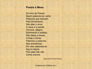POESIA NA CORDA 2011 Poesia à Mesa Do livro de Poesia Saem palavras ao vento Palavras que dançam Pelo firmamento. São elas o amor A raiva e a paixão Ternura, alegria Sofrimento e solidão. São belas e doces, Linhas e linhas Palavras e palavras Nas entrelinhas. Por isso saboreia-as Aqui e Agora  Pois elas não são Como outrora.  Maria Inês Ferreira Ramos 
