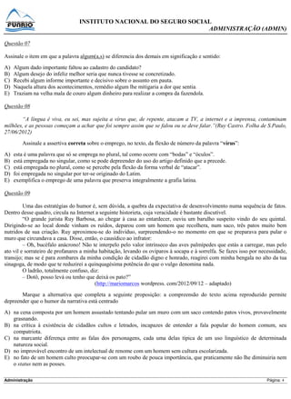 Prova Analista INSS - Funrio - 2013