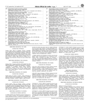 Nº 192, quinta-feira, 5 de outubro de 2017 17ISSN 1677-7069
Este documento pode ser verificado no endereço eletrônico http://www.in.gov.br/autenticidade.html,
pelo código 00032017100500017
Documento assinado digitalmente conforme MP no- 2.200-2 de 24/08/2001, que institui a
Infraestrutura de Chaves Públicas Brasileira - ICP-Brasil.
3
BSB Superintendência Estadual de Operação de Brasília
Gerência Local Centro de Serviços Compartilhados
Coordenação de Gestão de Pessoas - CPES
SEPS 712/912 Conj. Pasteur - BL. 02, 3º Andar, Asa Sul - Brasília/DF -CEP: 70390-125
CE Superintendência Estadual de Operações do Ceará
Gerência Local Centro de Serviços Compartilhados - GECSC/CE
Coordenação de Gestão de Pessoas - CPES
Rua Senador Alencar, nº. 38, sala 113, Centro - Fortaleza/CE - CEP: 60030-970
ES Superintendência Estadual de Operações do Espírito Santo
Gerência Regional de CSC Local - GECSC
Coordenação CSC Local Gestão de Pessoas - CPES
Avenida Leitão da Silva, 2730 - Santa Luíza - Vitória - ES CEP 29045-920
GO Superintendência Estadual de Operações de Goiás
Gerência Regional CSC Local
Coordenação CSC Local Gestão de Pessoas - CPES
Praça Dr. Pedro Ludovico Teixeira, nº 11, Centro - Goiânia/GO - CEP: 74003-010
MA Superintendência Estadual de Operações do Maranhão
Gerência Regional de Serviços - GRESC/MA
Coordenação CSC Local Gestão de Pessoas - CPES
Praça João Lisboa, 292, Centro - CEP 65002-900 São Luís/MA
MG Central de Gestão de Pessoas
Gerência de Recrutamento e Seleção
Avenida Afonso Pena, 1270 Centro Salas 203 e 302 - Belo Horizonte - CEP 30130-900
MS Superintendência Estadual de Operações do Mato Grosso do Sul
Gerência Regional de Serviços - GRESC/MS
Coordenação CSC Local Gestão de Pessoas - CPES
Endereço completo: Av. Calógeras, 2309 - 3º Andar - Centro - Campo Grande - MS, CEP:
79002-900
PA Superintendência Estadual de Operações do Pará
Gerência Regional de CSC Local - GECSC
Coordenação CSC Local Gestão de Pessoas - CPES
Avenida Presidente Vargas, 498 - Campina - Belém/PA - CEP 66.017-970
PB Superintendência Estadual de Operações da Paraíba
Gerência Regional de Serviço de CSC Local
Coord. de CSC Local Gestão de Pessoas - CPES
BR 230 Km 24,5 S/N Bairro Cristo Redentor - João Pessoa - PB - CEP 58071-900
PE Superintendência Estadual de Operações de Pernambuco
Gerência Regional de CSC Local - GECSC
Coordenação CSC Local Gestão de Pessoas - CPES
Av. Guararapes, 250 - 5º andar - sala 502 - Santo Antônio - Recife/PE - 50010970
PI Superintendência Estadual de Operações do Piauí
Gerência Regional de Serviços e CSC Local - GRESC/PI
Coordenação de CSC Local de Gestão de Pessoas - CPES
Endereço completo: Rua Álvaro Mendes, 1680, Edifício Dom Severino, Sala 201, 2º Andar -
64001-926 - Teresina - PI.
PR Superintendência Estadual de Operações do Paraná
Gerência Regional de Serviço de CSC Local
Coord. de CSC Local Gestão de Pessoas - CPES
Rua João Negrão, 1251 - Bloco 2 - 1º andar, Rebouças - Curitiba/PR - CEP 80002-900
RJ Superintendência Estadual de Operações do Rio de Janeiro
Gerência Regional CSC Local - GECSC
Coordenadoria Serviços Corporativos Local de Gestão de Pessoas - CPES
Avenida Presidente Vargas, 3077 - 9º andar - Cidade Nova - RJ - 202010-900
RN Superintendência Estadual de Operações do Rio Grande do Norte
Gerência Regional de Serviços e CSC Local
Coordenação de CSC Local Gestão de Pessoas
Avenida Hermes da Fonseca, 1160, Tirol, Natal/RN, CEP 59.020-970
RO Superintendência Estadual de Operações de Rondônia
Gerência Regional de Serviços e CSC Local - GRESC/RO
Coordenação de CSC Local de Gestão de Pessoas - CPES
Avenida Presidente Dutra, 2701 - Centro -Porto Velho - RO - CEP 76.801-918
RR Superintendência Estadual de Operações em Roraima
Gerência Regional de Serviços
Praça do Centro Cívico, 176 - Centro - Boa Vista/RR CEP 69.301-380
RS Superintendência Estadual de Operações do Rio Grande do Sul
Gerência Regional CSC Local - GECSC
Coordenadoria Serviços Corporativos Local de Gestão de Pessoas - CPES
Rua Siqueira Campos, 1100, 2º andar, sala 201, Centro Histórico, Porto Alegre/RS - 90002-
900
SC Superintendência Estadual de Operações de Santa Catarina
Gerência CSC Local/SC
Coordenadoria de Gestão de Pessoas - CPES
Rua Romeu José Vieira, 90 - 5º Andar Nossa Senhora do Rosário
São José/SC - CEP 88110-911
SE Superintendência Estadual Operações de Sergipe
Gerência Regional de Serviços CSC/GRESC
Coordenação CSC LOCAL GES PES/GRESC
Rua Laranjeiras, nº 229 - 2ª Andar - Centro - Aracaju/SE - CEP 49002-910
SPI Superintendência Estadual de Operações de São Paulo Interior
Gerência Regional de CSC Local - GECSC
Coordenação CSC Local Gestão de Pessoas - CPES
Praça Dom Pedro II, 4-55 - Centro - Bauru/SP, CEP 17015-905
SPM Superintendência Estadual Operações de São Paulo Metropolitano
Gerência Regional de Serviços- GECSC
Coordenação Serviços Corporativos Local de Gestão de Pessoas - CPES
Ed. Sede dos Correios, Rua Mergenthaler, 592, Bloco I, 1º Andar, Sala 29, Vila Leopoldina -
São Paulo - SP, CEP 05311-900
TO Superintendência Estadual de Operações do Tocantins
Gerência Regional de Serviços e CSC Local - GRESC/TO
Avenida Teotônio Segurado, Quadra 201 Norte, Conjunto 01, Lotes 05/06, Palmas/TO, CEP
77.001-128.
DIRETORIA REGIONAL NO ACRE
EXTRATO DE CONTRATO
Contrato 7/2017; Data de Assinatura: 03/10/17; Contratada:
10.158.677/0001-06/TENDA COMERCIO E CONTRUCOES LTDA;
Objeto: SERVIÇO DE MANUTENÇÃO PREDIAL CORRETIVA
NAS INSTALAÇÕES DA DIRETORIA REGIONAL DO ACRE,
COMPREENDENDO O PROVIEMNTO DE MATERIAIS E EQUI-
PAMENTOS NECESSÁRIOS E ADEQUADOS À EXECUÇÃO
DOS SERVIÇOS; Origem: Pregão Eletrônico 17000003/ 2017; Vi-
gência: 03/10/17 a 03/10/18; Valor Total: R$ 151.899,85 (cento e
cinquenta e um mil oitocentos e noventa e nove reais e oitenta e cinco
centavos).
DIRETORIA REGIONAL EM ALAGOAS
EXTRATO DE CONTRATO
Contrato 4/2017; Contratada: POTENZA EMP TRABALHO TEM-
PORARIO EIRELI; Objeto: PRESTAÇÃO DE SERVIÇO - MÃO DE
OBRA TEMPORÁRIA - AGENTE DE CORREIOS - CARTEIRO -
CAPITAL E INTERIOR; Origem: Pregão Eletrônico
17000004/2017; Vigência: 05/10/17 a 04/12/17; Valor Total: R$
159.144,24 (cento e cinquenta e nove mil cento e quarenta e quatro
reais e vinte e quatro centavos). Contratada: 08.543.708/0001-09/
Data de Assinatura: 04/10/17.
DIRETORIA REGIONAL NO AMAPÁ
EXTRATO DE CONTRATO
Segundo Aditivo do Contrato nº. 04/2017 - Objeto: Retificação do
valor de supressão constante no Segundo Termo Aditivo; Contratada:
PHOENIX SERVIÇOS DE HIGIENIZAÇÃO E LIMPEZA LTDA-
ME; Data de assinatura: 15/08/2017; Vigência: a partir 01/07/2017.
DIRETORIA REGIONAL NO AMAZONAS
EXTRATO DE CONTRATO
Contrato 29/2017; Data de Assinatura: 25/09/17; Contratada:
08.823.749/0001-40/R PINHEIRO GRIMM TRANSPORTES; Obje-
to: Prestação de serviço de transporte urbano de carga postal, na
modalidade LINHAS DE TRANSPORTE URBANO - LTU; Origem:
Pregão Eletrônico 17000009/2017; Vigência: 25/09/17 a 25/09/18;
Valor Total: R$ 69.198,96 (sessenta e nove mil cento e noventa e oito
reais e noventa e seis centavos).
DIRETORIA REGIONAL NA BAHIA
EXTRATOS DE TERMOS ADITIVOS
2º TERMO ADITIVO AO CONTRATO Nº34/2015 Prestação de ser-
viço de locação de 32(trinta e dois) equipamentos reprográficos, in-
cluindo manutenção preventiva e corretiva dos equipamentos e for-
necimento de insumos para serem usados nas unidades administra-
tivas do Ed Sede, Sedes REVEN's e Centros Operacionais da Di-
retoria Regional da Bahia. OBJETO DO TERMO ADITIVO: pror-
rogação contratual; CONTRATADA: VÊNUS WORLD COMÉRCIO
DE EQUIPAMENTOS E MATERIAIS PARA ESCRITÓRIO LTDA-
EPP. VALOR GLOBAL DO CONTRATO: R$146.400,00 (cento e
quarenta e seis mil e quatrocentos reais); VIGÊNCIA: 13/09/2017 A
13/09/2018: DATA DA ASSINATURA: 12/09/2017.
1º TERMO ADITIVO AO CONTRATO Nº 46/2015 LOCAÇÃO DE
IMÓVEL PARA FUNCIONAMENTO DA UNIDADE AC ANA-
GÉ/BA; Objeto: Prorrogação da vigência de 20/09/2017 à
19/09/2019; valor mensal para R$865,00 (oitocentos e sessenta e
cinco reais); Contratado: JOÃO EVANGELISTA DA SILVA; Valor
Global: R$20.760,00 (vinte mil e setecentos e sessenta reais) Data de
Assinatura: 19/09/2017.
DIRETORIA REGIONAL NO CEARÁ
EXTRATOS DE CONTRATOS
CTR 15/2017; Data de Assinatura: 03/10/2017; Empresa Contratada:
EMPREZA GESTÃO DE PESSOAS E SERVIÇOS LTDA
CNPJ:03.873.484/0001-71; Objeto: Prestação de Serviço de Mão de
Obra Temporário-Carteiro. Origem: PGE.17.000.001/2017; Vigência:
03/10/2017 a 03/10/2018; Valor Total: R$ 116.880,08 (Cento e de-
zesseis mil, oitocentos e oitenta reais e oito centavos).
CTR 14/2017; Data de Assinatura: 19/09/2017; Empresa Contratada:
EMPREZA GESTÃO DE PESSOAS E SERVIÇOS LTDA
CNPJ:03.873.484/0001-71; Objeto: Prestação de Serviço de Mão de
Obra Temporário-Carteiro. Origem: PGE. 17.000.001/2017; Vigência:
19/09/2017 a 19/09/2018; Valor Total: R$ 239.040,10 (Duzentos e
trinta e nove mil, quarenta reais e dez centavos).
DIRETORIA REGIONAL EM GOIÁS
EXTRATOS DE CONTRATOS
CONTRATO Nº. 131/2017; OBJETO: Prestação de serviços de lim-
peza predial, sem fornecimento de materiais, utensílios e equipa-
mentos, na AC Fazenda Nova. CONTRATADO: ROSIMEIRE MO-
REIRA DE CARVALHO OLIVEIRA - CPF 022.287.991-22; VALOR
GLOBAL: R$ 1.620,00 (Um mil, seiscentos e vinte reais); DATA DA
ASSINATURA: 25/09/2017; VIGÊNCIA: 25/09/2017 a 23/12/2017;
ORIGEM: DL nº 1700 000124/2017 - SE/GO.
CONTRATO Nº. 121/2017; OBJETO: Prestação de serviços de lim-
peza predial, sem fornecimento de materiais, utensílios e equipa-
mentos, na AC Itapuranga. CONTRATADO: KELE CRISTINA DI-
NIZ - CPF 007.899.571-08; VALOR GLOBAL: R$ 1.800,00 (Um mil
e oitocentos reais); DATA DA ASSINATURA: 28/09/2017; VIGÊN-
CIA: 29/09/2017 a 27/12/2017; ORIGEM: DL nº 1700 0121/2017 -
SE/GO.
CONTRATO Nº. 115/2017; OBJETO: Prestação de serviços de lim-
peza predial, sem fornecimento de materiais, utensílios e equipa-
mentos, na AC Cachoeira Alta. CONTRATADO:SILVIA DA TRIN-
DADE NOVAES - CPF 031.147.861-11; VALOR GLOBAL: R$
1.728,00 (Um mil, setecentos e vinte e oito reais); DATA DA AS-
SINATURA: 28/09/2017; VIGÊNCIA: 29/09/2017 a 27/12/2017;
ORIGEM: DL nº 1700 0111/2017 - SE/GO.
EXTRATO DE TERMO ADITIVO
6° Termo Aditivo ao Contrato n° 239/2015 para prestação de serviços
de limpeza predial, asseio e conservação com fornecimento de ma-
teriais de limpeza e higiene, de equipamentos e de utensílios nas
unidades da Diretoria Regional de Goiás, conforme Especificações e
Descrições Técnicas, e demais condições deste Instrumento e seus
Anexos; Objeto do Termo Aditivo: Repactuação de Preços a partir de
12/07/2017, nos termos da Convenção Coletiva de Trabalho
2017/2019, com amparo da Cláusula Sexta do Contrato; Contratada:
A2 CONSTRUTORA, COMÉRCIO E SERVIÇOS LTDA. CNPJ:
04.878.794/0001-41 Valor Global R$ 2.800.588,67 (dois milhões, oi-
tocentos mil e quinhentos e oitenta e oito reais e sessenta e sete
centavos). Data da Assinatura do Termo Aditivo: 15/09/2017; Vi-
gência: A partir de 15/09/2017, retroagindo seus efeitos financeiros a
12/07/2017. Origem: Pregão Eletrônico n° 1500 0044/2015, homo-
logado em 19/11/2015.
DIRETORIA REGIONAL
NO MATO GROSSO DO SUL
EXTRATO DE CONTRATO
Contrato 21/2017; Data de Assinatura: 28/09/17; Contratada:
14.846.479/0001-96/PGA SERVICOS TERCEIRIZADOS EIRELI;
Objeto: REMANESCENTE - SERVIÇOS DE APOIO ÀS OPERA-
ÇÕES DE ARMAZENAGEM E LOGÍSTICA CLI CGR; Origem:
Dispensa de Licitação 17000012/2017; Vigência: 29/09/17 a
20/01/18; Valor Total: R$ 242.174,50 (duzentos e quarenta e dois mil
cento e setenta e quatro reais e cinquenta centavos).
DIRETORIA REGIONAL EM MINAS GERAIS
EXTRATOS DE CONVÊNIOS
Agências de Correios Comunitárias
Convênio n.º: TC.20024/17 Data da Assinatura: 04/06/2017 Nome do
Convenente: Município de JUVENÍLIA - Nome da AGC: MONTE
REI - Vigência: 30/06/2017 a 29/06/2022 - Objeto: Proporcionar
atendimento postal à população do Distrito de MONTE REI, con-
forme ação governamental de universalização da prestação de ser-
viços postais. - Aplicação de recursos financeiros no exercício: R$
8.616,43 (oito mil, seiscentos e dezesseis reais e quarenta e três
centavos) - Aplicação total de recursos financeiros: R$85.217,40 (oi-
tenta e cinco mil duzentos e dezessete reais e quarenta centavos).
Conta: 08440-9 Bco: 001 Agência: 0945-8 Fundamentação legal: Art.
116, caput, da Lei 8.666/93 e Instrução Normativa n.º 2 de 22/12/98
da Secretaria de Serviços Postais do Ministério das Comunicações.
 