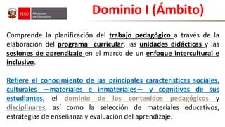 Dominio I (Ámbito) 
Comprende la planificación del trabajo pedagógico a través de la 
elaboración del programa curricular, las unidades didácticas y las 
sesiones de aprendizaje en el marco de un enfoque intercultural e 
inclusivo. 
Refiere el conocimiento de las principales características sociales, 
culturales —materiales e inmateriales— y cognitivas de sus 
estudiantes, el dominio de los contenidos pedagógicos y 
disciplinares, así como la selección de materiales educativos, 
estrategias de enseñanza y evaluación del aprendizaje. 
 