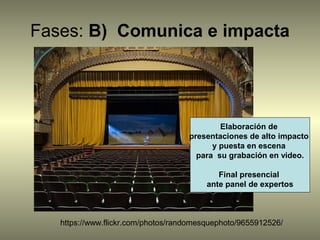 Fases: B) Comunica e impacta
https://www.flickr.com/photos/randomesquephoto/9655912526/
Elaboración de
presentaciones de alto impacto
y puesta en escena
para su grabación en video.
Final presencial
ante panel de expertos
 