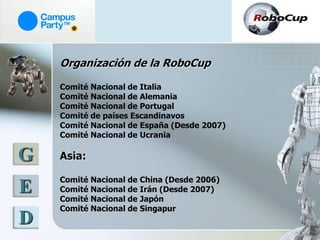 Organización de la RoboCup

    Comité Nacional de Italia
    Comité Nacional de Alemania
    Comité Nacional de Portugal
    Comité de países Escandinavos
    Comité Nacional de España (Desde 2007)
    Comité Nacional de Ucrania

G   Asia:

    Comité Nacional de China (Desde 2006)
E   Comité Nacional de Irán (Desde 2007)
    Comité Nacional de Japón
    Comité Nacional de Singapur
D
 