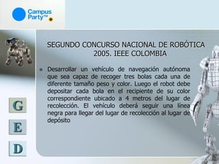 SEGUNDO CONCURSO NACIONAL DE ROBÓTICA
                  2005. IEEE COLOMBIA

       Desarrollar un vehículo de navegación autónoma
        que sea capaz de recoger tres bolas cada una de
        diferente tamaño peso y color. Luego el robot debe
        depositar cada bola en el recipiente de su color
        correspondiente ubicado a 4 metros del lugar de
G       recolección. El vehículo deberá seguir una línea
        negra para llegar del lugar de recolección al lugar de
        depósito
E
D
 
