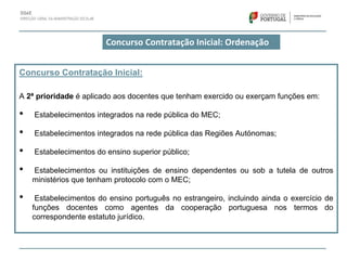 Concurso Contratação Inicial: Ordenação
Concurso Contratação Inicial:
A 2ª prioridade é aplicado aos docentes que tenham exercido ou exerçam funções em:
• Estabelecimentos integrados na rede pública do MEC;
• Estabelecimentos integrados na rede pública das Regiões Autónomas;
• Estabelecimentos do ensino superior público;
• Estabelecimentos ou instituições de ensino dependentes ou sob a tutela de outros
ministérios que tenham protocolo com o MEC;
• Estabelecimentos do ensino português no estrangeiro, incluindo ainda o exercício de
funções docentes como agentes da cooperação portuguesa nos termos do
correspondente estatuto jurídico.
 