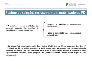 • A satisfação das necessidades de
pessoal docente das escolas é
suprida através dos concursos:
Regime de seleção, recrutamento e mobilidade do PD 
• As alterações introduzidas pelo Dec. Lei nº 83-A/2014, de 23 de maio no Dec. Lei nº
132/2012, de 27 de junho permitem, a partir duma visão prospetiva das necessidades do
sistema educativo, ter uma resposta anual para a contratação externa e quadrienal para
ajustamentos internos, sem prejuízo de, justificadamente, poder haver lugar à sua
antecipação.
• interno e externo – necessidades
permanentes;
• para a satisfação das necessidades
temporárias.
 