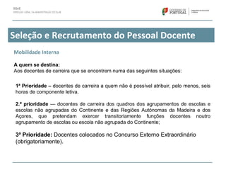 Seleção e Recrutamento do Pessoal Docente
Mobilidade Interna
A quem se destina:
Aos docentes de carreira que se encontrem numa das seguintes situações:
1ª Prioridade – docentes de carreira a quem não é possível atribuir, pelo menos, seis
horas de componente letiva.
2.ª prioridade — docentes de carreira dos quadros dos agrupamentos de escolas e
escolas não agrupadas do Continente e das Regiões Autónomas da Madeira e dos
Açores, que pretendam exercer transitoriamente funções docentes noutro
agrupamento de escolas ou escola não agrupada do Continente;
3ª Prioridade: Docentes colocados no Concurso Externo Extraordinário
(obrigatoriamente).
 