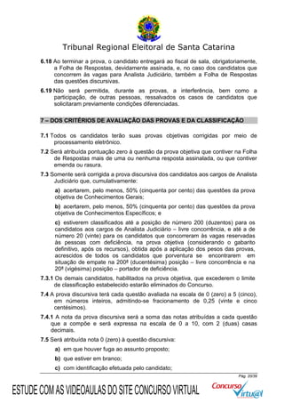 Tribunal Regional Eleitoral de Santa Catarina
6.18 Ao terminar a prova, o candidato entregará ao fiscal de sala, obrigatoriamente,
a Folha de Respostas, devidamente assinada, e, no caso dos candidatos que
concorrem às vagas para Analista Judiciário, também a Folha de Respostas
das questões discursivas.
6.19 Não será permitida, durante as provas, a interferência, bem como a
participação, de outras pessoas, ressalvados os casos de candidatos que
solicitaram previamente condições diferenciadas.
7 – DOS CRITÉRIOS DE AVALIAÇÃO DAS PROVAS E DA CLASSIFICAÇÃO
7.1 Todos os candidatos terão suas provas objetivas corrigidas por meio de
processamento eletrônico.
7.2 Será atribuída pontuação zero à questão da prova objetiva que contiver na Folha
de Respostas mais de uma ou nenhuma resposta assinalada, ou que contiver
emenda ou rasura.
7.3 Somente será corrigida a prova discursiva dos candidatos aos cargos de Analista
Judiciário que, cumulativamente:
a) acertarem, pelo menos, 50% (cinquenta por cento) das questões da prova
objetiva de Conhecimentos Gerais;
b) acertarem, pelo menos, 50% (cinquenta por cento) das questões da prova
objetiva de Conhecimentos Específicos; e
c) estiverem classificados até a posição de número 200 (duzentos) para os
candidatos aos cargos de Analista Judiciário – livre concorrência, e até a de
número 20 (vinte) para os candidatos que concorreram às vagas reservadas
às pessoas com deficiência, na prova objetiva (considerando o gabarito
definitivo, após os recursos), obtida após a aplicação dos pesos das provas,
acrescidos de todos os candidatos que porventura se encontrarem em
situação de empate na 200ª (ducentésima) posição – livre concorrência e na
20ª (vigésima) posição – portador de deficiência.
7.3.1 Os demais candidatos, habilitados na prova objetiva, que excederem o limite
de classificação estabelecido estarão eliminados do Concurso.
7.4 A prova discursiva terá cada questão avaliada na escala de 0 (zero) a 5 (cinco),
em números inteiros, admitindo-se fracionamento de 0,25 (vinte e cinco
centésimos).
7.4.1 A nota da prova discursiva será a soma das notas atribuídas a cada questão
que a compõe e será expressa na escala de 0 a 10, com 2 (duas) casas
decimais.
7.5 Será atribuída nota 0 (zero) à questão discursiva:
a) em que houver fuga ao assunto proposto;
b) que estiver em branco;
c) com identificação efetuada pelo candidato;
Pág. 20/39

ESTUDE COM AS VIDEOAULAS DO SITE CONCURSO VIRTUAL

 