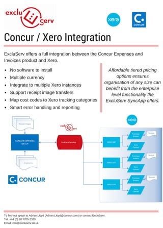 Concur / Xero Integration
ExcluServ offers a full integration between the Concur Expenses and
Invoices product and Xero.  
No software to install
Multiple currency
Integrate to multiple Xero instances
Support receipt image transfers
Map cost codes to Xero tracking categories
Smart error handling and reporting
To find out speak to Adrian Lloyd (Adrian.Lloyd@concur.com) or contact ExcluServ:
Tel. +44 (0) 20 7205 2329
Email: info@excluserv.co.uk
Affordable tiered pricing
options ensures
organisation of any size can
benefit from the enterprise
level functionality the
ExcluServ SyncApp offers.
 