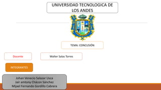 UNIVERSIDAD TECNOLOGICA DE
LOS ANDES
TEMA: CONCUSIÓN
Docente Walter Salas Torres
INTEGRANTES
Johan Venecio Salazar Usca
Jair amtony Chácon Sánchez
Mijael Fernando Gordillo Cabrera
 