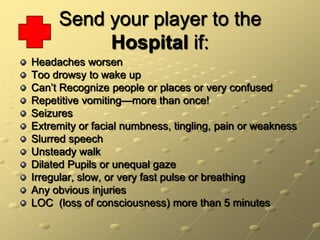 Send your player to the Hospital if:Headaches worsenToo drowsy to wake upCan’t Recognize people or places or very confusedRepetitive vomiting—more than once!SeizuresExtremity or facial numbness, tingling, pain or weaknessSlurred speechUnsteady walkDilated Pupils or unequal gazeIrregular, slow, or very fast pulse or breathingAny obvious injuriesLOC  (loss of consciousness) more than 5 minutes