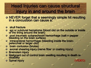 Head Injuries can cause structural injury in and around the brainNEVER forget that a seemingly simple hit resulting in a concussion can cause a: skull fractureepi or subdural hematoma (blood clot on the outside or inside   of the lining around the brain) post traumatic subarachnoid hemorrhage (salt n pepper bleeding on the brain surface)intracerebral hemorrhage (bleeding inside the brain-petecchial or larger clot) brain contusion (bruise) axonal shearing injury (nerve fiber or coating injury)Brainstem injuryMalignant out of control brain swelling resulting in death or disabilitySpinal injury					       (VIDEO)