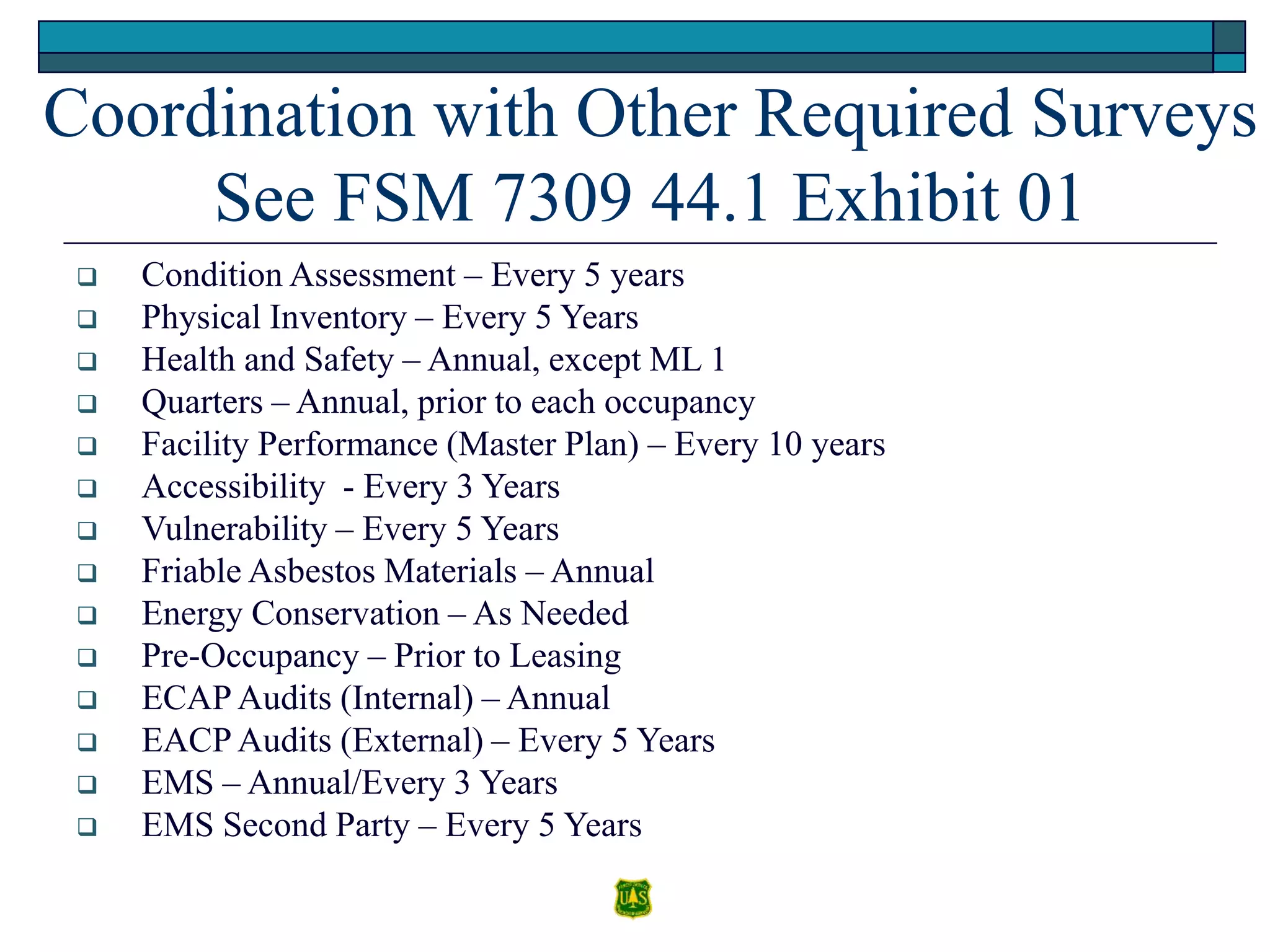 Coordination with Other Required Surveys
See FSM 7309 44.1 Exhibit 01
 Condition Assessment – Every 5 years
 Physical Inventory – Every 5 Years
 Health and Safety – Annual, except ML 1
 Quarters – Annual, prior to each occupancy
 Facility Performance (Master Plan) – Every 10 years
 Accessibility - Every 3 Years
 Vulnerability – Every 5 Years
 Friable Asbestos Materials – Annual
 Energy Conservation – As Needed
 Pre-Occupancy – Prior to Leasing
 ECAP Audits (Internal) – Annual
 EACP Audits (External) – Every 5 Years
 EMS – Annual/Every 3 Years
 EMS Second Party – Every 5 Years
 