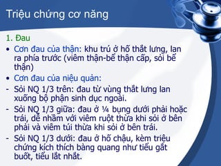 Triệu chứng cơ năng 1. Đau Cơn đau của thận:  khu trú ở hố thắt lưng, lan ra phía trước (viêm thận-bể thận cấp, sỏi bể thận) Cơn đau của niệu quản: Sỏi NQ 1/3 trên: đau từ vùng thắt lưng lan xuống bộ phận sinh dục ngoài. Sỏi NQ 1/3 giữa: đau ở ¼ bụng dưới phải hoặc trái, dễ nhầm với viêm ruột thừa khi sỏi ở bên phải và viêm túi thừa khi sỏi ở bên trái. Sỏi NQ 1/3 dưới: đau ở hố chậu, kèm triệu chứng kích thích bàng quang như tiểu gắt buốt, tiểu lắt nhắt. 