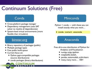Continuum Solutions (Free)
Conda
binstar.org Anaconda
Free all-in-one distribution of Python for
Analytics andVisualization	

• numpy, scipy, ipython	

• matplotlib, bokeh, 	

• pandas, statsmodels, scikit-learn	

• many, many more… 100+
Miniconda
Python + conda — with these you can
install exactly what you want…
• Binary repository of packages (public)	

• Multiple package types 	

• Free public build queue	

• Current focus on:	

• Python pypi-compatible packages
(source distributions)	

• conda packages (binary distributions)
$ conda install anaconda
• Cross-platform package manager	

• Dependency management (uses SAT
solver to resolve all dependencies)	

• System-level virtual environments (more
ﬂexible than virtualenv)
 