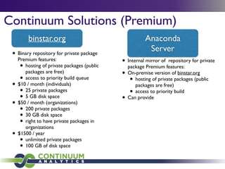 Continuum Solutions (Premium)
Anaconda	

Server
• Binary repository for private package
Premium features:	

• hosting of private packages (public
packages are free)	

• access to priority build queue	

• $10 / month (individuals)	

• 25 private packages	

• 5 GB disk space	

• $50 / month (organizations)	

• 200 private packages	

• 30 GB disk space	

• right to have private packages in
organizations	

• $1500 / year	

• unlimited private packages	

• 100 GB of disk space
binstar.org
• Internal mirror of public repositories	

• Mix private internal packages with public
repositories	

• Build customized versions of Anaconda
installers	

• Environment to .exe and .rpm tools	

• Comprehensive licensing	

• Comprehensive support	

• On-premise version of binstar.org
 