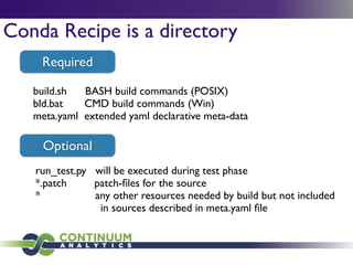 Conda Recipe is a directory
build.sh BASH build commands (POSIX)	

bld.bat CMD build commands (Win)	

meta.yaml extended yaml declarative meta-data
Required
Optional
run_test.py will be executed during test phase	

*.patch patch-ﬁles for the source 	

* any other resources needed by build but not included	

in sources described in meta.yaml ﬁle
 