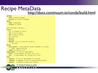Recipe MetaData
package:
name: # name of package
version: # version of package
about:
home: # home-page
license: # license
!
# All optional from here....
source:
fn: # filename of source
url: # url of source
md5: # hash of source
# or from git:
git_url:
git_tag:
patches: # list of patches to source
- fix.patch
build:
entry_points: # entry-points (binary commands or scripts)
- name = module:function
number: # defaults to 0
requirements: # lists of requirements
build: # requirements for build (as a list)
run: # requirements for running (as a list)
test:
requires: # list of requirements for testing
commands: # commands to run for testing (entry-points)
imports: # modules to import for testing
http://docs.continuum.io/conda/build.html
 