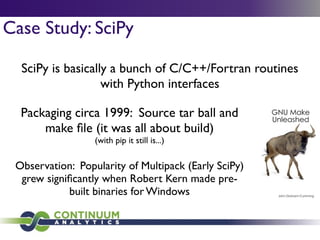 Case Study: SciPy
Packaging circa 1999: Source tar ball and
make ﬁle (users had to build)
SciPy is basically a bunch of C/C++/Fortran routines
with Python interfaces
Observation: Popularity of Multipack (Early SciPy)
grew signiﬁcantly when Robert Kern made pre-
built binaries for Windows
 