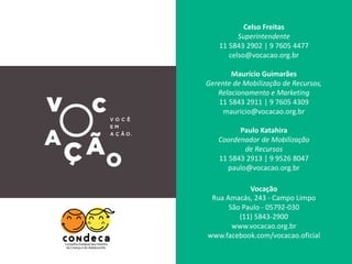 A empresa pode destinar até 1% do seu imposto de renda a pagar, abatendo 100% do valor doado.
CONDECA
Banco do Brasil 001
Agência: 1897-x
Conta Corrente: 8947-8
CNPJ 13.885.657/0001-25
COMOAPOIAR
As destinações são feitas por meio de depósito na conta do Fundo Estadual dos Direitos da
Criança e do Adolescente.
O comprovante de pagamento deve ser encaminhado à Vocação e ao e-mail
atendimentocondeca@condeca.sp.gov.br com os dados da empresa (nome, CNPJ,
endereço e telefone) para ter o recibo da destinação.
No Condeca, estamos registrados pela razão social – Ação Comunitária do Brasil – SP.
*A doação deve ser realizada até o dia 30 de dezembro de 2015.
 