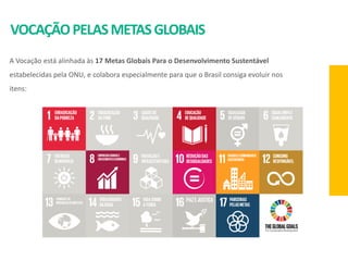 VOCAÇÃOPELASMETASGLOBAIS
A Vocação está alinhada às 17 Metas Globais Para o Desenvolvimento Sustentável
estabelecidas pela ONU, e colabora especialmente para que o Brasil consiga evoluir nos
itens:
 