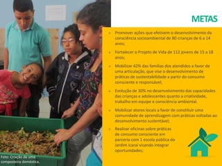 METAS
 Promover ações que efetivem o desenvolvimento da
consciência socioambiental de 80 crianças de 6 a 14
anos;
 Fortalecer o Projeto de Vida de 112 jovens de 15 a 18
anos;
 Mobilizar 42% das famílias dos atendidos a favor de
uma articulação, que vise o desenvolvimento de
práticas de sustentabilidade a partir do consumo
consciente e responsável;
 Evolução de 30% no desenvolvimento das capacidades
das crianças e adolescentes quanto a criatividade,
trabalho em equipe e consciência ambiental.
 Mobilizar atores locais a favor de constituir uma
comunidade de aprendizagem com práticas voltadas ao
desenvolvimento sustentável;
Foto: Criação de uma
composteira doméstica.
 Realizar oficinas sobre práticas
de consumo consciente em
parceria com 1 escola pública do
Jardim Icaraí visando integrar
oportunidades;
 
