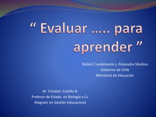 Mabel Condemarín y Alejandra Medina
Gobierno de Chile
Ministerio de Educación
M. Trinidad Castillo B.
Profesor de Estado en Biología y Cs.
Magister en Gestión Educacional
 