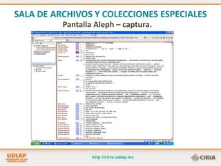 SALA DE ARCHIVOS Y COLECCIONES ESPECIALESArchivo Wigberto Jiménez Moreno:	Temas:Arqueología mexicana.Antropología.Historia antigua mexicana.	Tamaño del archivo:120 cajas de documentosEscritos, cartas, fotografías, mapas,      folletos, revistas, entre otros. 