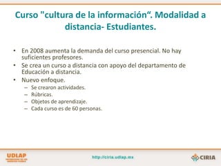 Competencias Informativas-Evolución del Concepto-UDLAP.El servicio se ofrecía en la coordinación de consulta.1980-1994.Recursos y servicios. (Impresos y en línea).Impartición de talleres y seminarios.Cobertura  limitada.