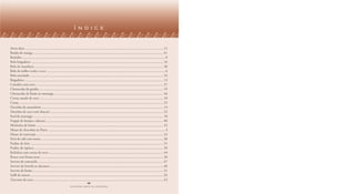 índice

Arroz-doce .................................................................................................................................................................. 12
Batida de manga ......................................................................................................................................................... 41
Beijinho ........................................................................................................................................................................ 8
Bolo brigadeiro ........................................................................................................................................................... 16
Bolo de mandioca ....................................................................................................................................................... 30
Bolo de milho verde e coco ........................................................................................................................................... 6
Bolo mesclado ............................................................................................................................................................. 34
Brigadeiro ................................................................................................................................................................... 13
Camafeu com coco ...................................................................................................................................................... 27
Cheesecake de goiaba .................................................................................................................................................. 19
Cheesecake de limão ao morango ................................................................................................................................ 36
Creme assado de coco ................................................................................................................................................. 10
Curau ......................................................................................................................................................................... 25
Docinho de amendoim ............................................................................................................................................... 14
Docinho de coco com abacaxi ..................................................................................................................................... 22
Fool de morango ......................................................................................................................................................... 18
Frappé de laranja e abacaxi .......................................................................................................................................... 40
Minitorta de limão ..................................................................................................................................................... 32
Musse de chocolate ao Porto ......................................................................................................................................... 4
Musse de maracujá ...................................................................................................................................................... 24
Pavê de café com nozes ................................................................................................................................................ 38
Pudim de leite ............................................................................................................................................................ 31
Pudim de tapioca ........................................................................................................................................................ 20
Rolinhos com creme de ovos ....................................................................................................................................... 44
Rosca com frutas secas ................................................................................................................................................ 28
Sorvete de camomila ................................................................................................................................................... 47
Sorvete de hortelã ao damasco ..................................................................................................................................... 46
Sorvete de limão .......................................................................................................................................................... 21
Suflê de amora ............................................................................................................................................................ 26
Zuccotto de coco ........................................................................................................................................................ 42
                                                                                       48
                                                                    FAZENDO ARTE NA COZINHA
 