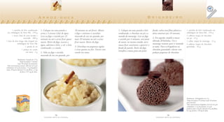 Arroz-doce                                                                                                     Brigadeiro

       1 caixinha de leite condensado                  1. Coloque em uma panela o               10 minutos ou até ferver. Abaixe     1. Coloque em uma panela o leite       fundo, cubra com filme plástico e   1 caixinha de leite condensado em
 em embalagem da Tetra Pak . 270 g                     arroz e 3 xícaras (chá) de água.         o fogo e continue a cozinhar,        condensado, o chocolate em pó e a      deixe amornar por 10 minutos.       embalagem da Tetra Pak . 270 g
       1 xícara (chá) de arroz lavado e                Leve ao fogo e cozinhe por 25            mexendo de vez em quando, por        metade da manteiga. Leve ao fogo                                           2 colheres (sopa) de chocolate
                      escorrido . 200 g                                                                                                                                     2. Em seguida, modele a massa       em pó . 12 g
                                                       minutos ou até o arroz ficar quase       mais 20 minutos ou até o arroz       e cozinhe por 4 minutos, sem parar
1 litro de leite longa vida integral em                                                                                                                                     obtendo 20 bolinhas. Use a          1 colher (sopa) de manteiga . 12 g
                                                       macio. Retire do fogo, escorra a         ficar macio. Retire do fogo.         de mexer, no mesmo sentido, até a
               embalagem da Tetra Pak                                                                                                                                       manteiga restante para ir untando   4 colheres (sopa) de chocolate
                                                       água, adicione o leite, o sal, o leite                                        massa ficar consistente e aparecer o
                         1 pitada de sal                                                        3. Distribua em pequenas tigelas                                            as mãos. Passe os brigadeiros no    granulado . 56 g
                                                       condensado e a canela.                                                        fundo da panela. Retire do fogo,
                    1 pedaço de canela                                                          e sirva quente ou frio. Decore com                                          chocolate granulado e decore com
                          em rama . 2 g
                                                                                                                                     transfira a massa para um prato
                                                       2. Volte ao fogo e cozinhe,              canela em rama.                                                             pedaços pequenos de chocolate.
                                                       mexendo de vez em quando, por
                  Rendimento: 8 porções de 175 g
                      Tempo de preparo: 5 minutos
                  (mais 50 minutos de cozimento)
 Valor nutricional por porção: 280 Cal; 44,5 g de
carboidratos; 8,5 g de proteínas; 7,5 g de gorduras
totais; 29 mg de colesterol; 0,5 g de fibras; 1,2 mg
                      de ferro; e 257 mg de cálcio.




                                                                                                                                                                                                                Rendimento: 20 brigadeiros de 15 g
                                                                                                                                                                                                                Tempo de preparo: 25 minutos (mais 10 minutos
                                                                                                                                                                                                                para amornar)
                                                                                                                                                                                                                Valor nutricional por brigadeiro: 63 Cal; 9,5 g de
                                                                                                                                                                                                                carboidratos; 1,5 g de proteínas; 2,5 g de
                                                                                                                                                                                                                gorduras totais; 6 mg de colesterol; 0,5 g de fibras;
                                                                                                                                                                                                                0,2 mg de ferro; e 40 mg de cálcio.

                                                                        12                                                                                                                  13
                                                           FAZENDO ARTE NA COZINHA                                                                                              FAZENDO ARTE NA COZINHA
 