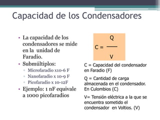 Capacidad de los Condensadores

 • La capacidad de los                   Q
   condensadores se mide
                                 C=
   en la unidad de
   Faradio.                              V
 • Submúltiplos:            C = Capacidad del condensador
   ▫ Microfaradio x10-6 F   en Faradio (F)
   ▫ Nanofaradio x 10-9 F   Q = Cantidad de carga
   ▫ Picofaradio x 10-12F   almacenada en el condensador.
 • Ejemplo: 1 nF equivale   En Culombios (C)
   a 1000 picofaradios      V= Tensión eléctrica a la que se
                            encuentra sometido el
                            condensador en Voltios. (V)
 