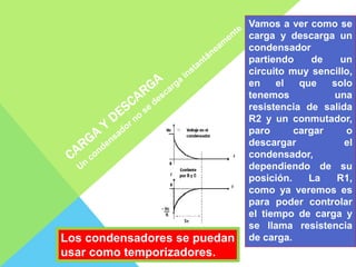 Los condensadores se puedan
usar como temporizadores.
Vamos a ver como se
carga y descarga un
condensador
partiendo de un
circuito muy sencillo,
en el que solo
tenemos una
resistencia de salida
R2 y un conmutador,
paro cargar o
descargar el
condensador,
dependiendo de su
posición. La R1,
como ya veremos es
para poder controlar
el tiempo de carga y
se llama resistencia
de carga.
 